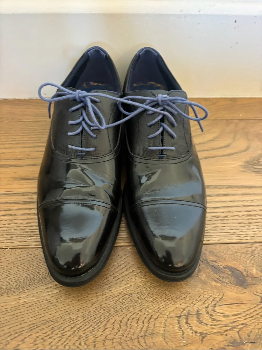 Ted Baker London Black Patent Cap-Toe Oxfords with blue Laces